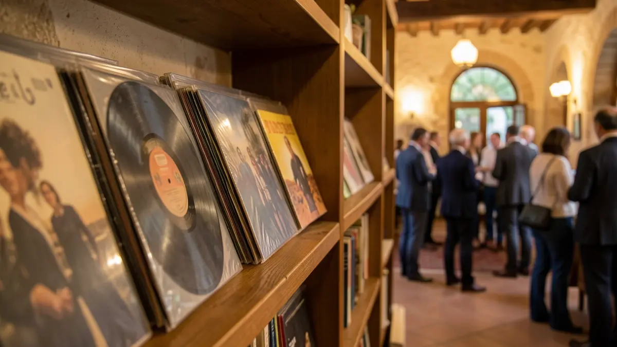 Imatge genèrica de discos de vinil i CD exposats en prestatgeries de fusta en un recinte d'estil mediterrani, amb llum ambiental càlida i poca profunditat de camp.