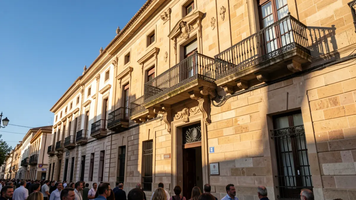 Façana d'un edifici municipal valencià amb balcó i baranes de ferro, il·luminada pel sol de la vesprada.