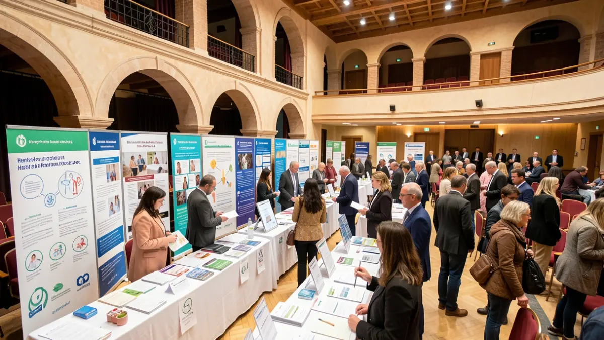 Imatge genèrica d'una fira de salut amb estands informatius i ciutadans participant en un auditori.