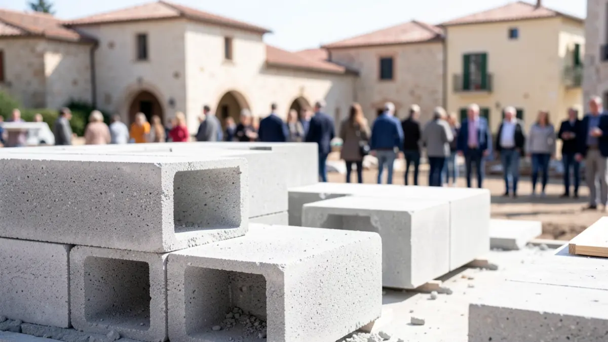 Generic image of construction materials on a building site with Mediterranean architectural elements in the background.