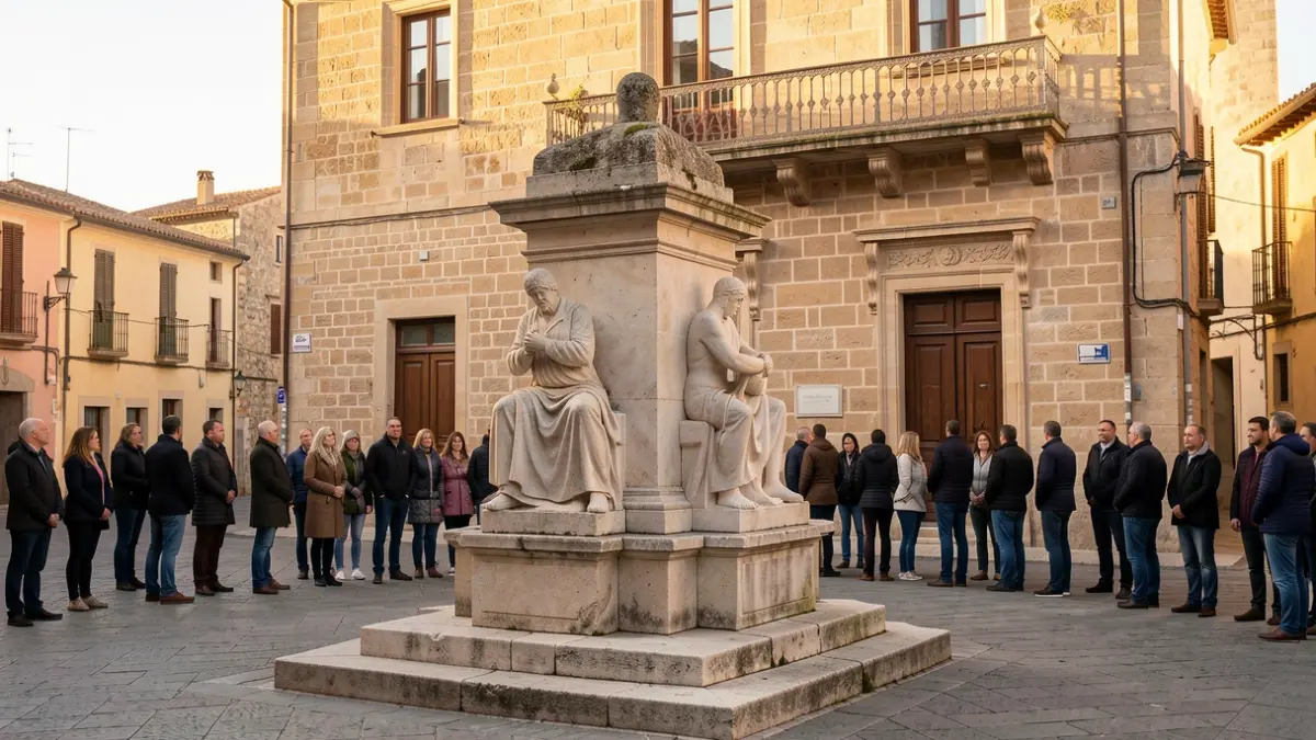 Imagen genérica de un monumento conmemorativo en una plaza pública mediterránea, con elementos arquitectónicos tradicionales al fondo.