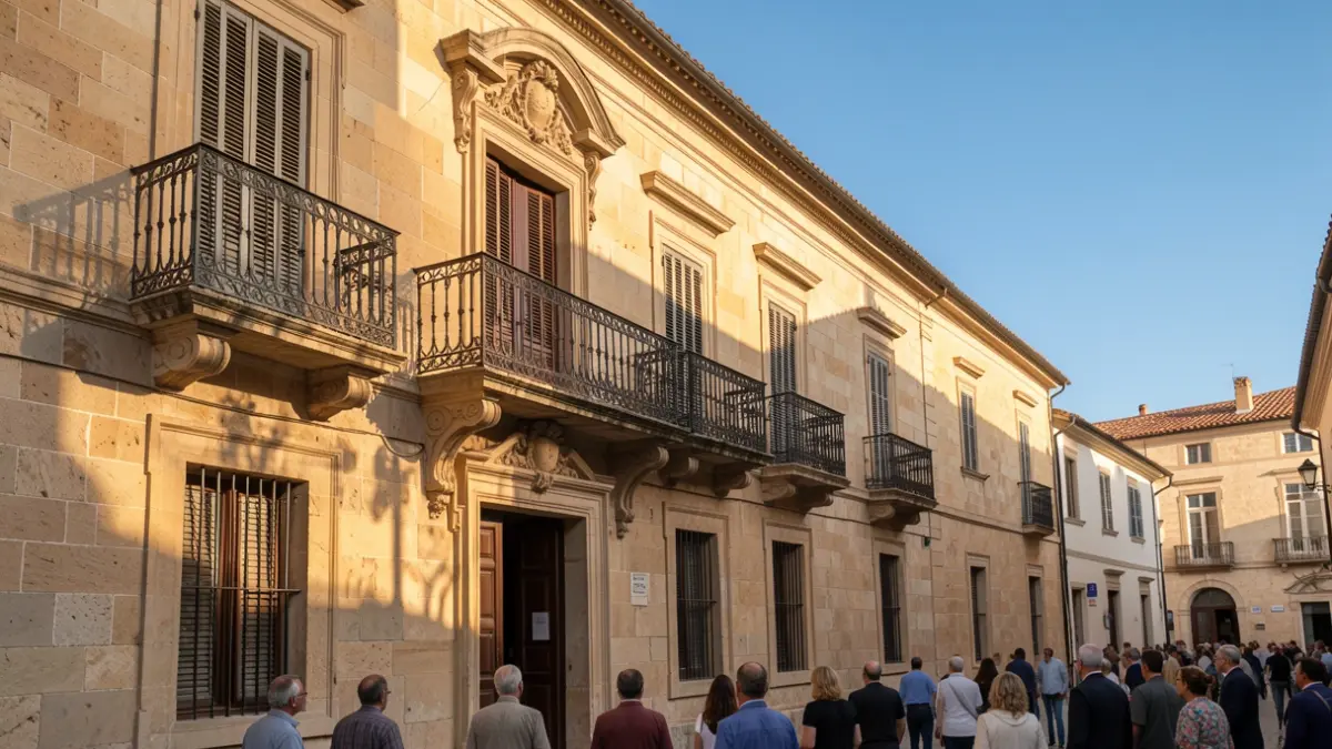 Imatge genèrica d'un edifici municipal amb balcó i baranes de ferro, il·luminat pel sol de la vesprada.