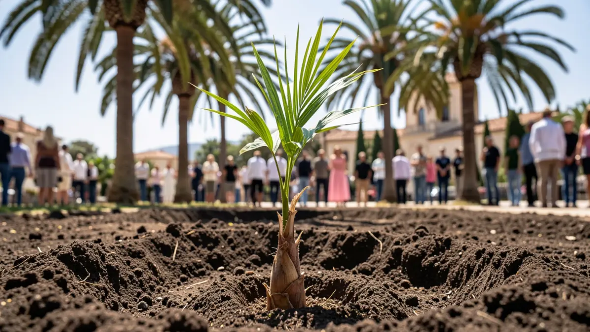 Generic image of young palm trees planted in fertile soil under the Mediterranean sun.