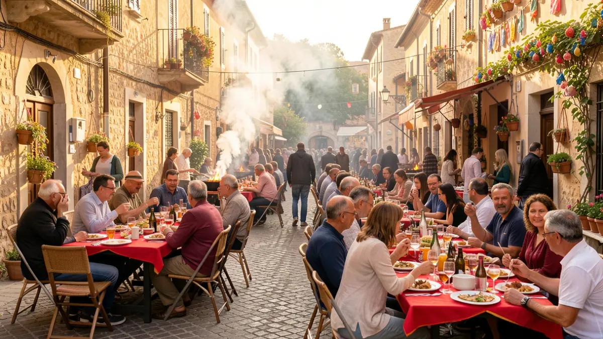 Imatge genèrica d'un carrer animat durant una festa popular a la Comunitat Valenciana, amb taules al carrer, fum de cuina i decoracions festives.