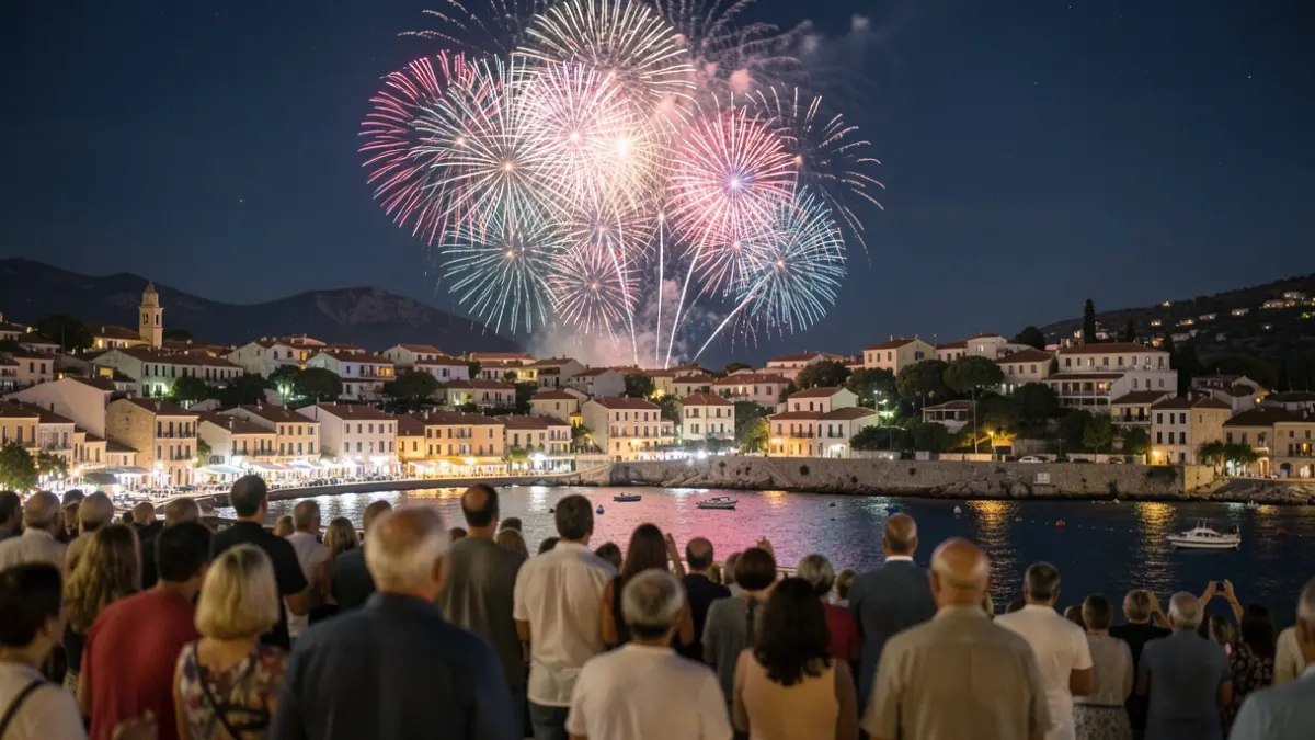 Imatge genèrica de focs artificials il·luminant el cel nocturn sobre una ciutat costanera mediterrània, amb llums difuminades d'una multitud que observa l'espectacle.