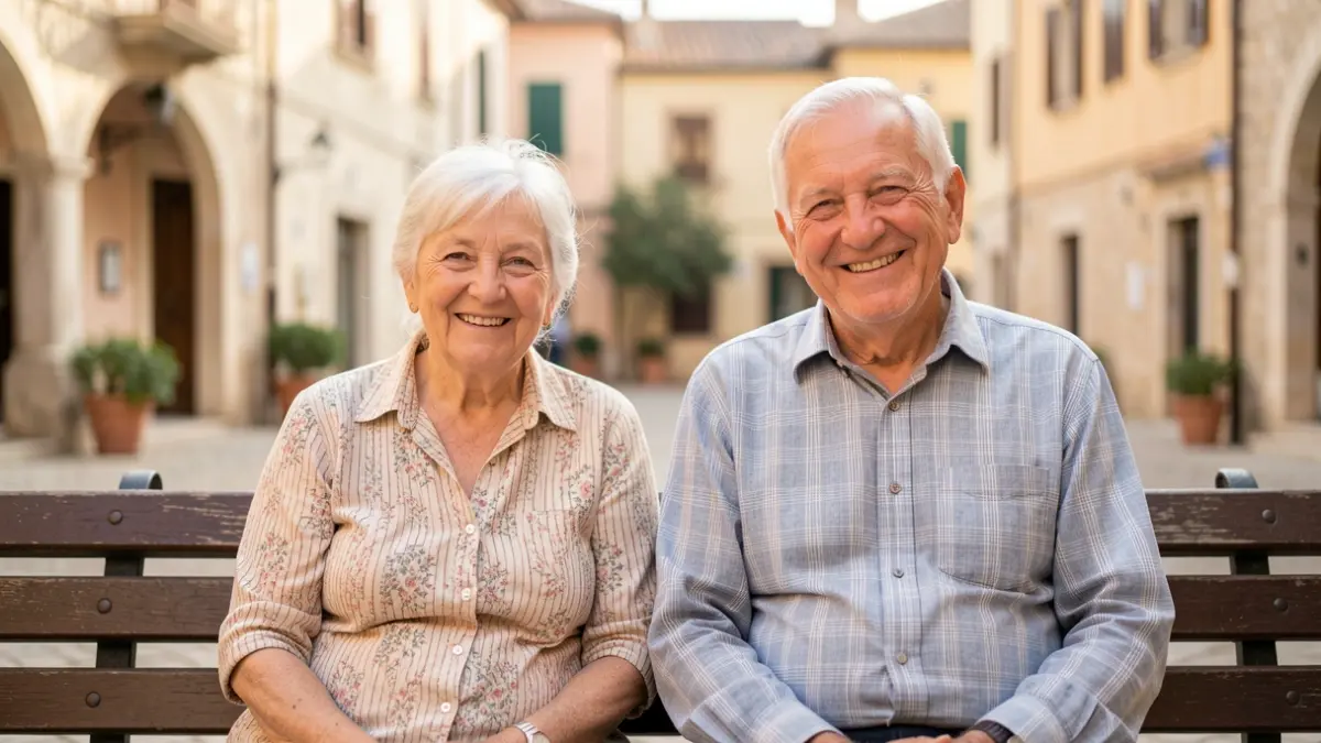 Imatge genèrica de dos germans grans somrient en un entorn urbà mediterrani.