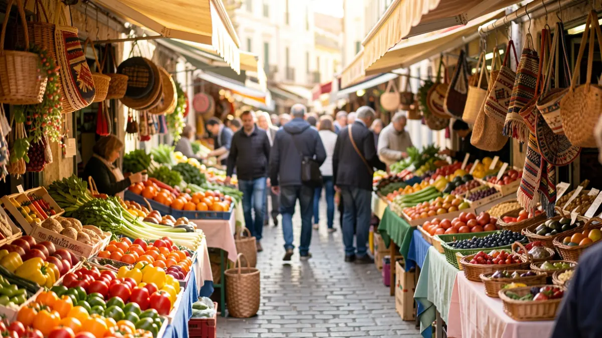 Imatge genèrica d'un mercat mediterrani amb parades de productes frescos i artesania.
