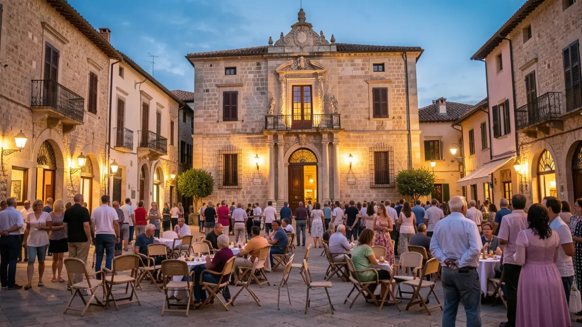 Imagen genérica de una plaza de pueblo mediterráneo al atardecer, con un edificio oficial al fondo y luces que iluminan la escena.