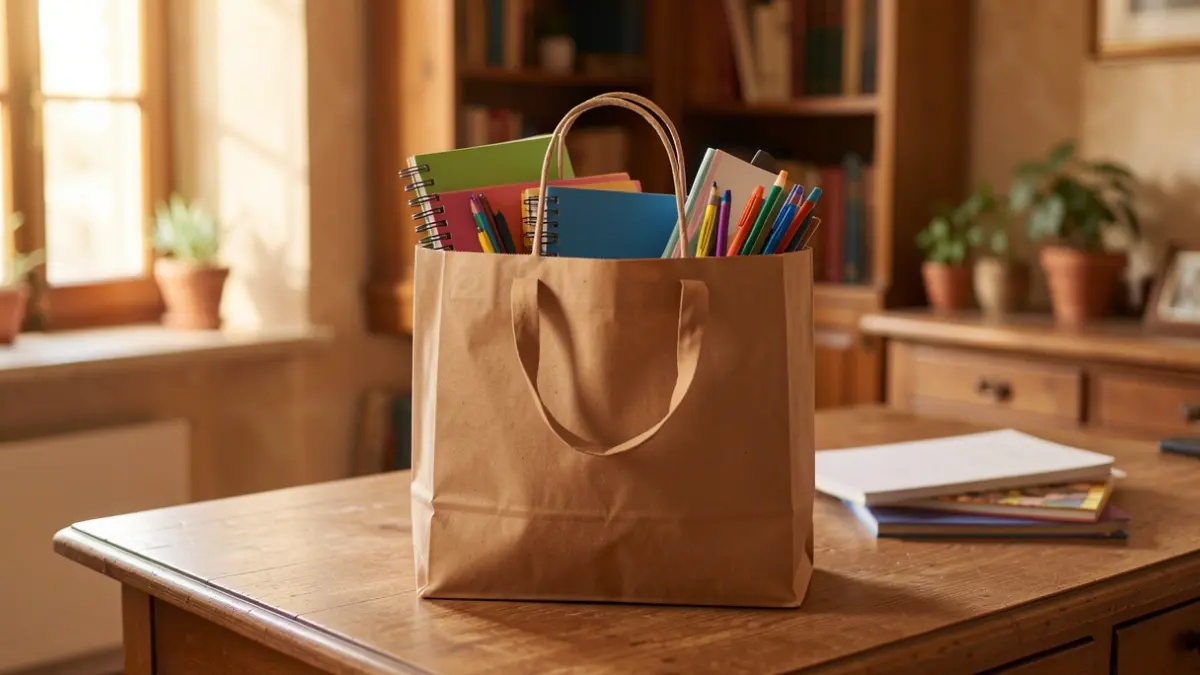 Imatge genèrica d'una bossa de compra amb material escolar sobre una taula de fusta.
