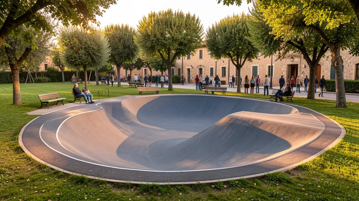 Imatge genèrica d'un circuit de pump track en un parc urbà amb vegetació i mobiliari urbà, il·luminat per la llum del capvespre.