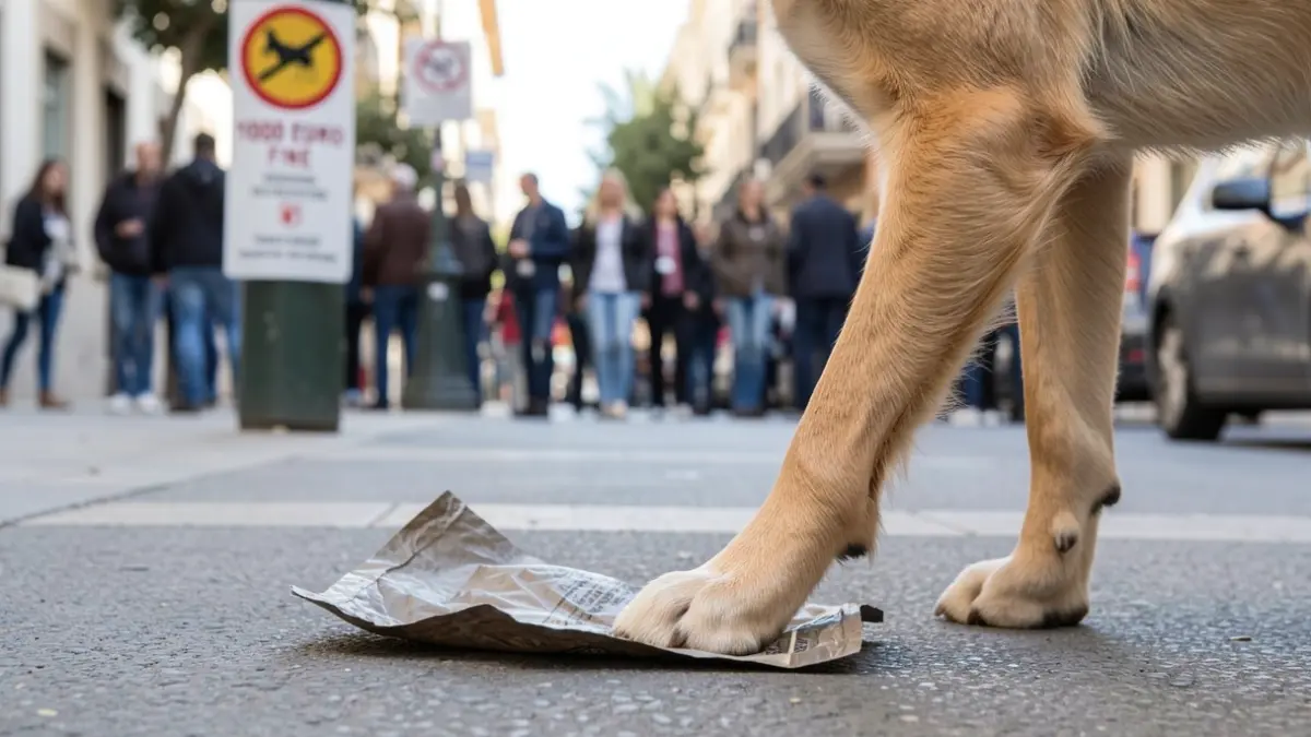 Imatge d'una pota de gos sobre una bossa d'excrements abandonada al carrer, amb un senyal de multa de 1.000 euros al fons.