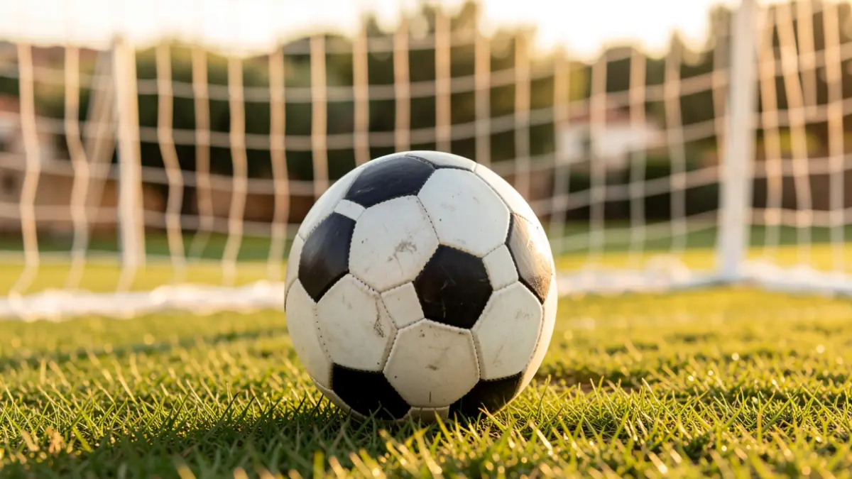 Imatge genèrica d'una pilota de futbol sobre gespa amb la xarxa desfocada al fons.