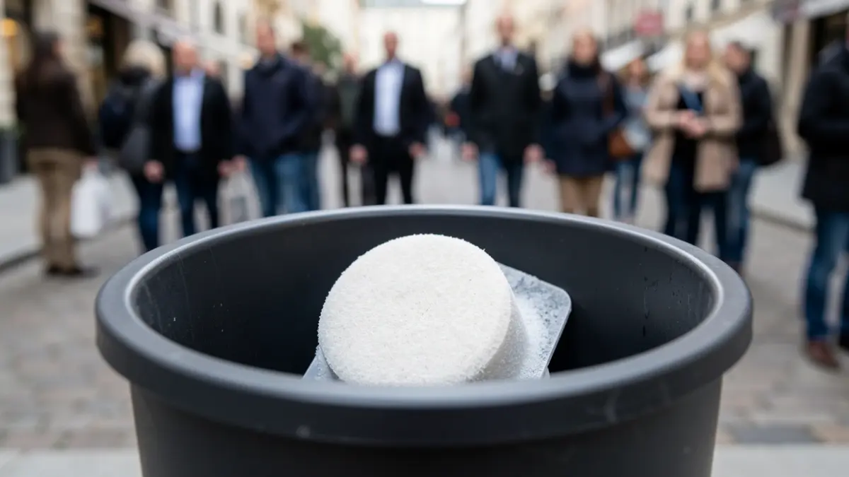 Generic image of an odor-neutralizing plaque inside a garbage bin.