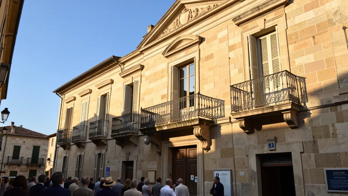 Generic image of a Mediterranean town hall facade with a balcony and iron railings, illuminated by warm afternoon light.