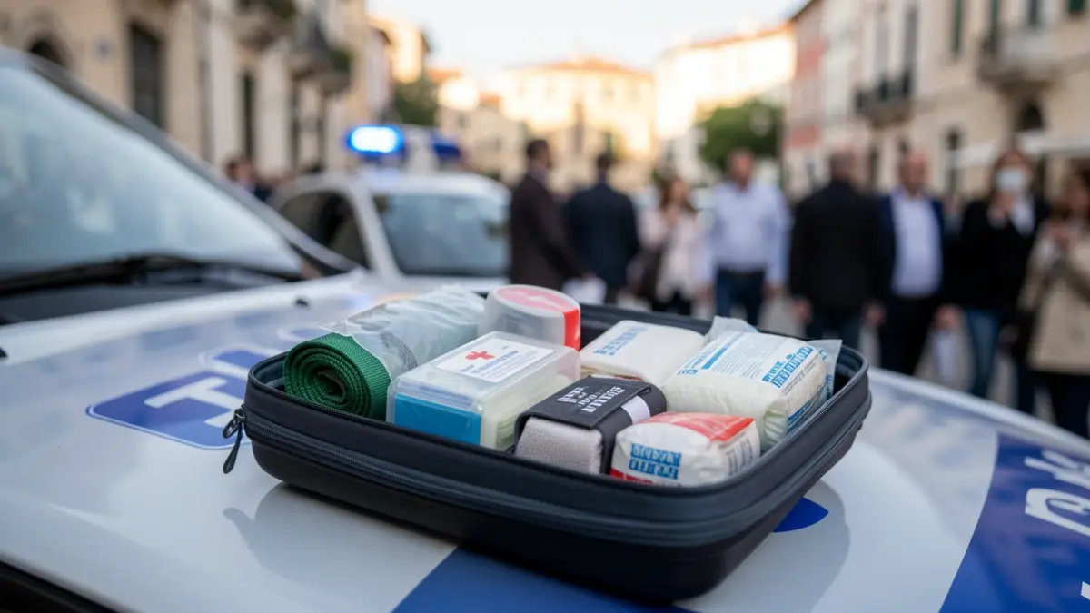 Imatge genèrica d'un botiquí de primers auxilis dins d'un vehicle policial.