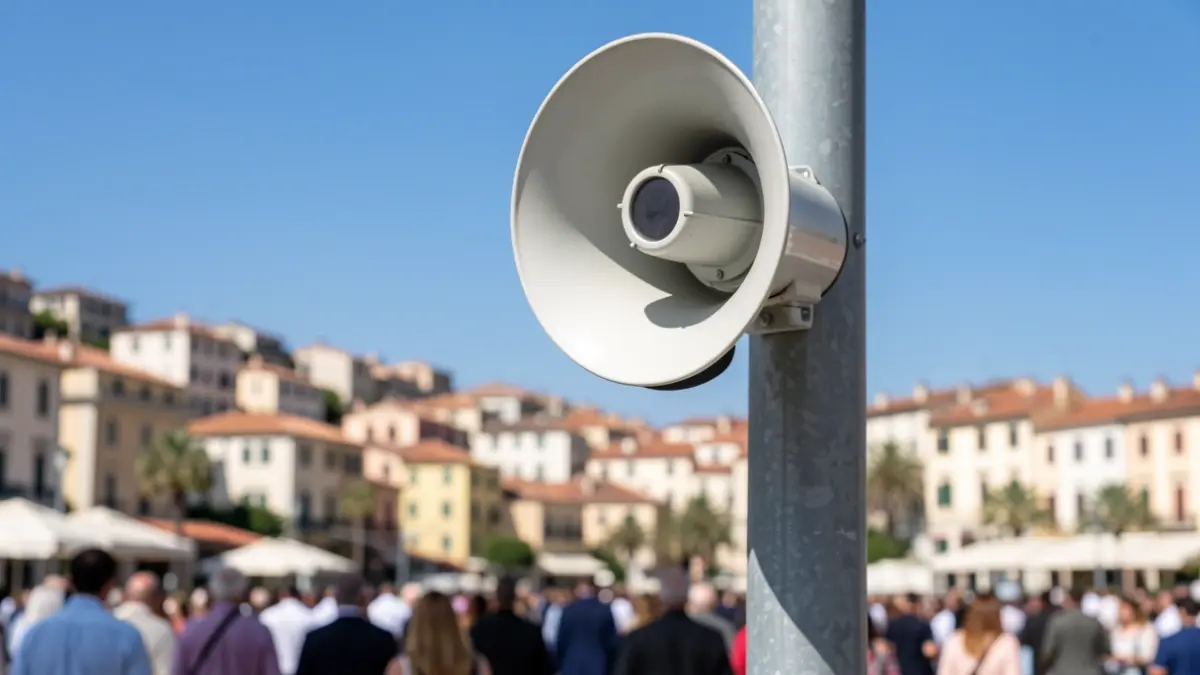 Generic image of a warning siren mounted on a pole, with a Mediterranean urban landscape in the background.