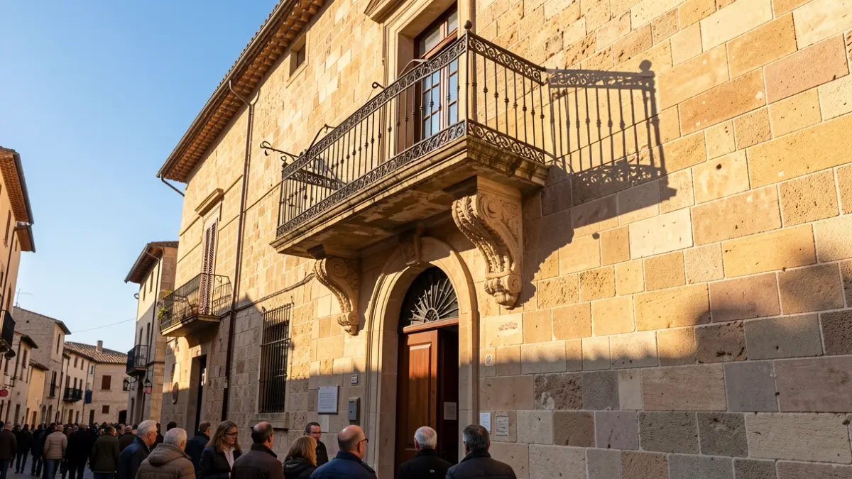 Generic image of a Mediterranean town hall facade with a balcony and iron railings, illuminated by warm afternoon light.
