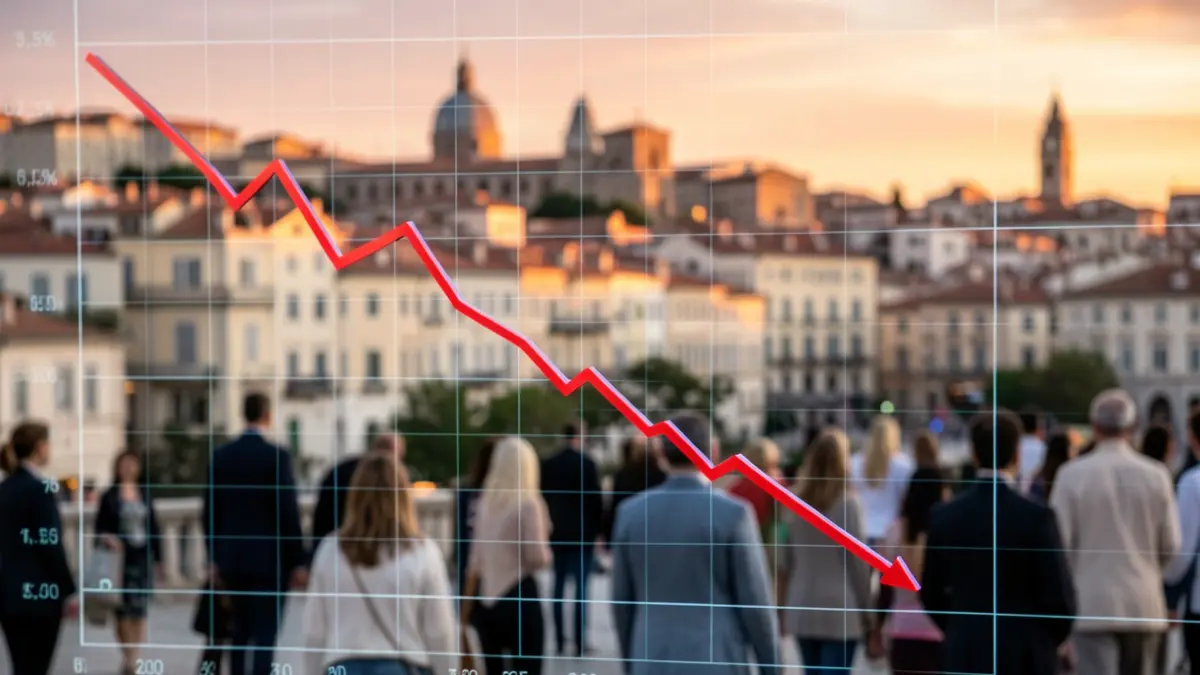 Imagen genérica de un gráfico económico con tendencia a la baja y un paisaje urbano mediterráneo al atardecer.