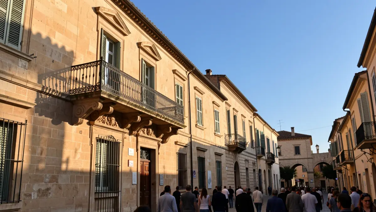 Imatge genèrica de la façana d'un ajuntament mediterrani amb balcó i barandat de ferro, il·luminat per la llum càlida de la vesprada.