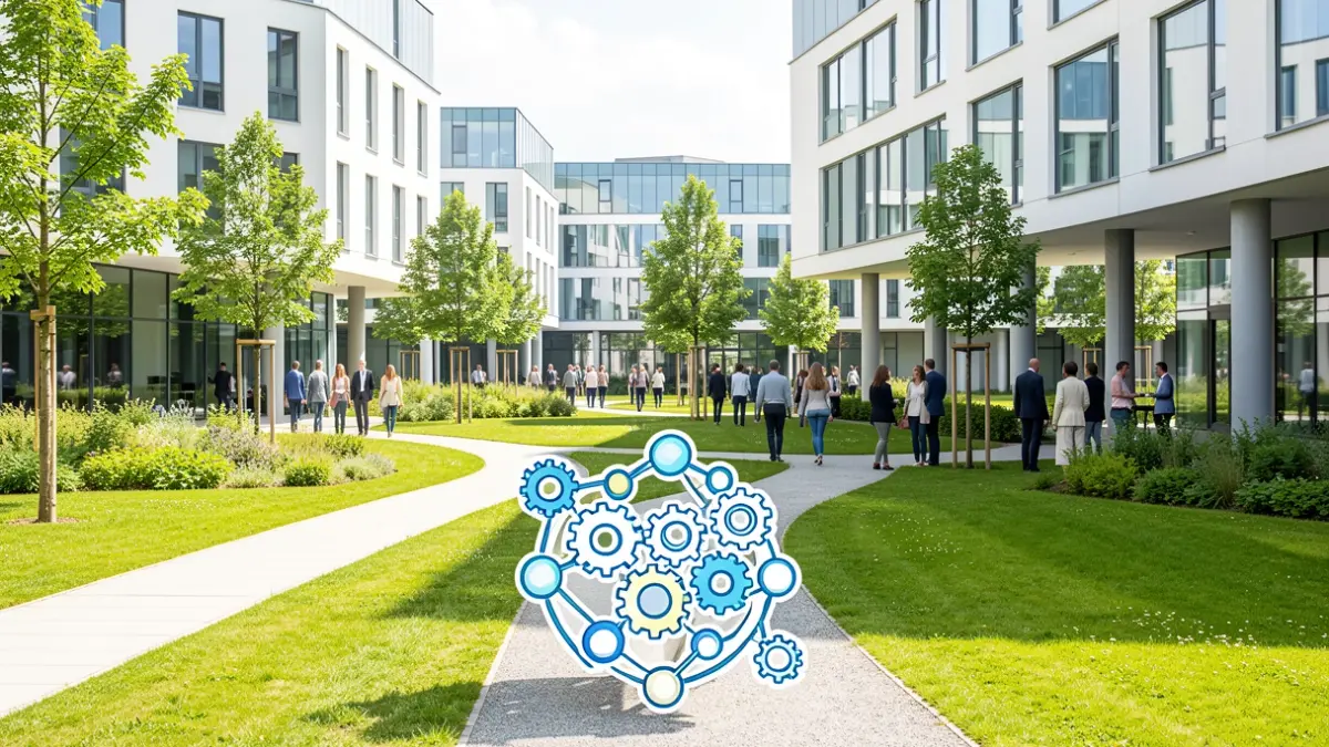 Imatge genèrica d'un parc empresarial modern amb elements d'innovació.