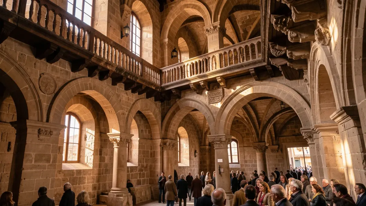 Imagen genérica de un interior de castillo con balcones y luz de una tarde.