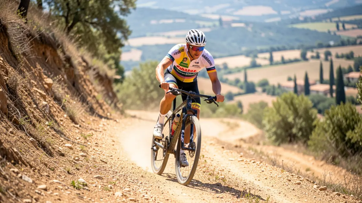 Imagen genérica de un ciclista en un circuito de tierra con una subida, paisaje mediterráneo al fondo, día soleado.