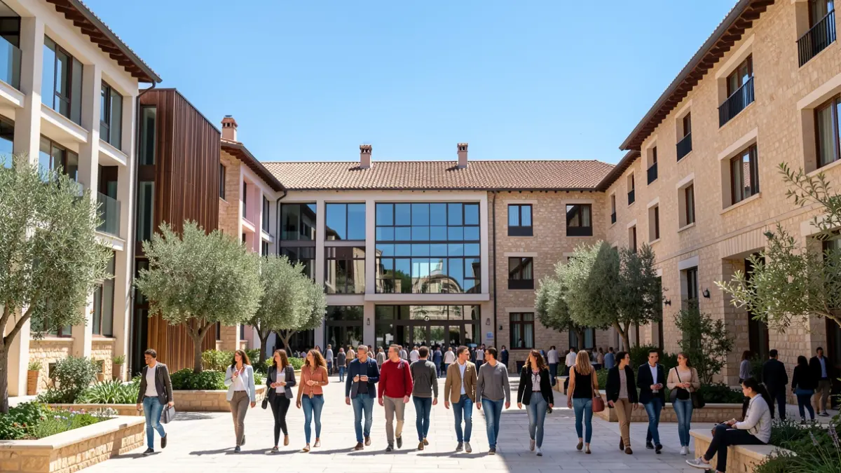 Generic image of a Mediterranean university courtyard with buildings of different architectural styles and students walking.
