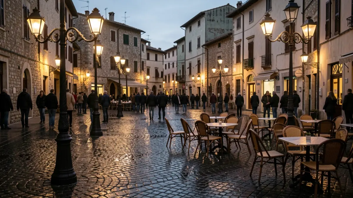 Imatge genèrica d'una plaça de poble mediterrani al capvespre amb mobiliari urbà i llums, suggerint una situació de pluja recent.