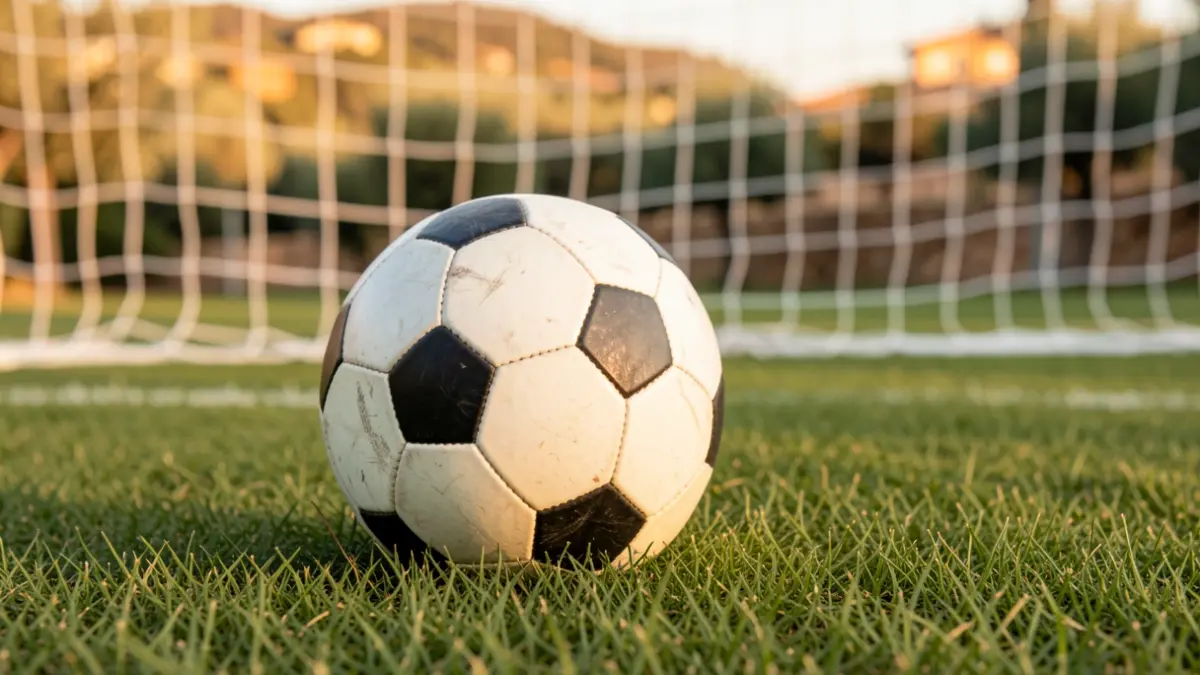 Generic image of a soccer ball on grass, with the goal net blurred in the background and evening light.