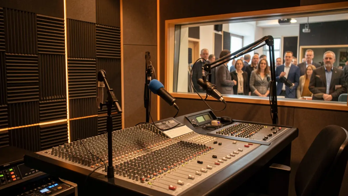 Imatge genèrica d'un estudi de ràdio amb equipament professional.