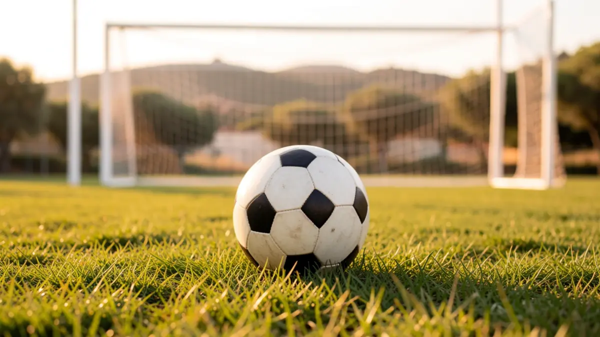 Generic image of a soccer ball on grass with the goal net blurred in the background.