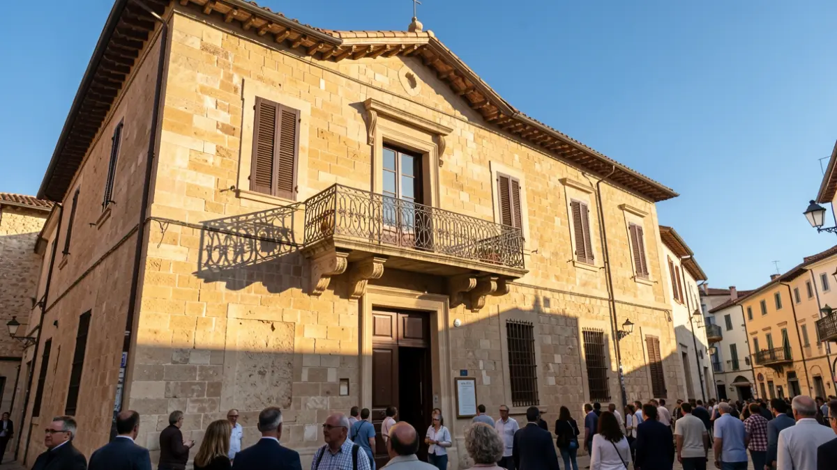 Ayuntamiento de Rafelbunyol con balcón y luces de tarde.