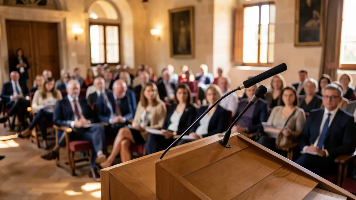 Imatge genèrica d'un faristol amb micròfons en una sala d'actes universitària.