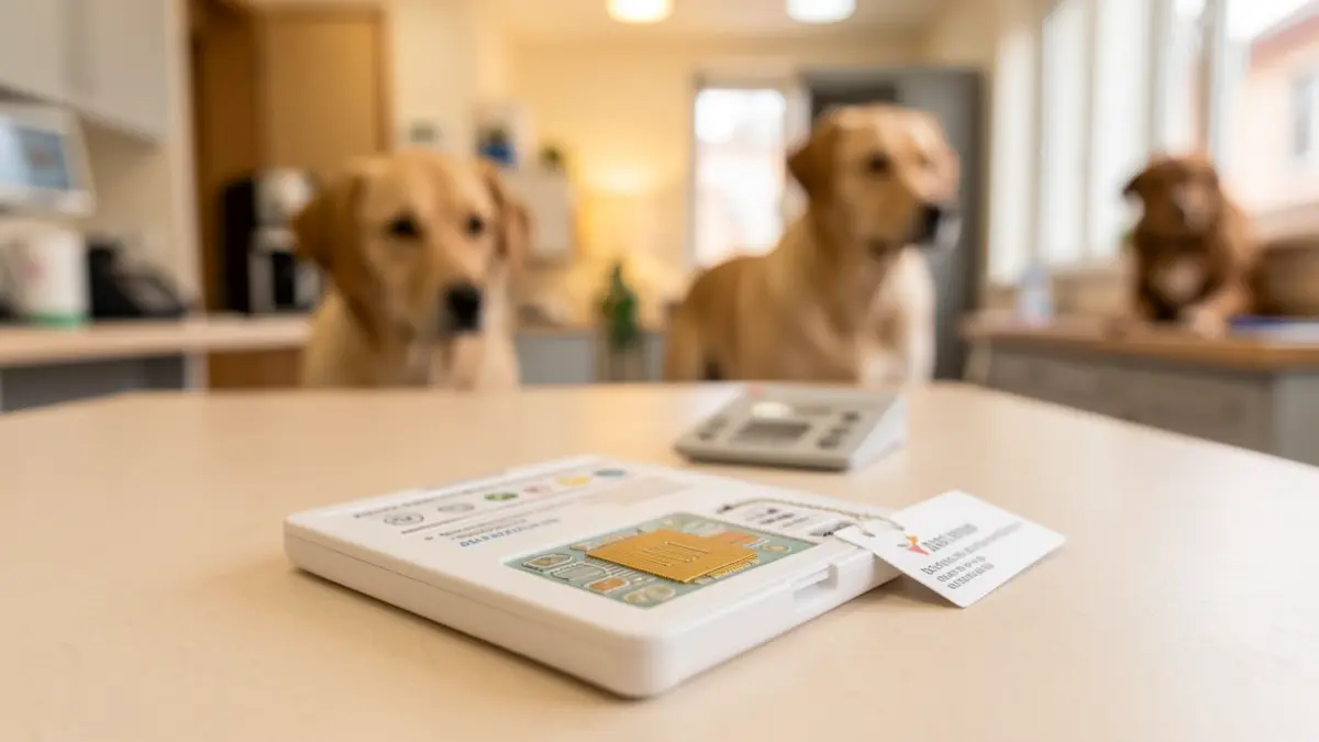 Imagen genérica de un kit de toma de muestra de ADN canino con chip genético y chapa identificativa.