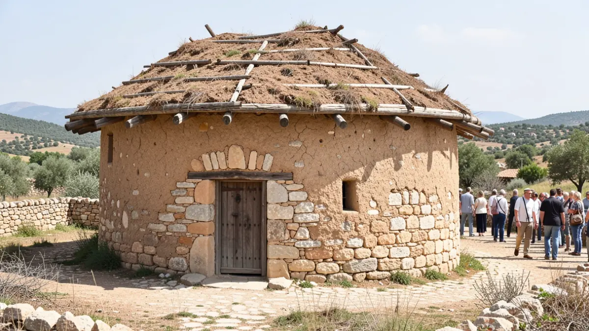 Generic image of a traditional lime kiln with a wooden and earth roof, surrounded by dry stone in a Mediterranean landscape.