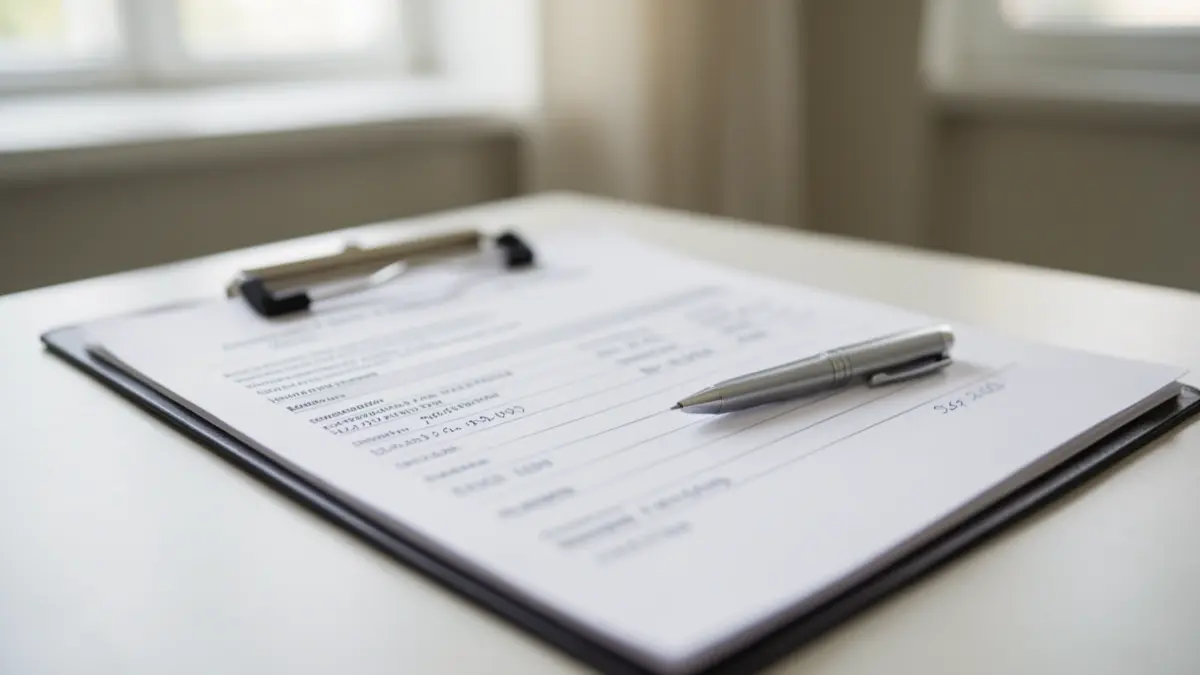 Generic image of a medical clipboard with a pen, featuring blurred text and dates in the background.