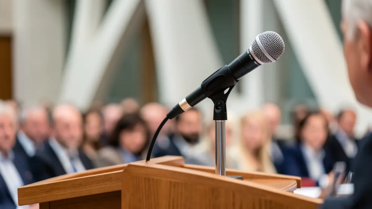 Generic image of a microphone on a lectern in a formal setting.