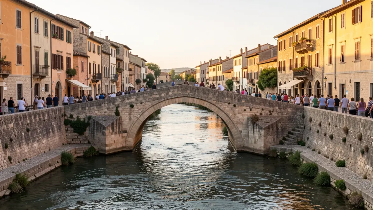 Generic image of a stone bridge over a river with Mediterranean-style buildings on the banks, under warm afternoon light.