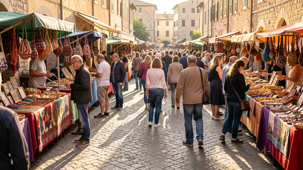 Imatge genèrica d'una fira comercial al carrer amb parades, gent i activitats.