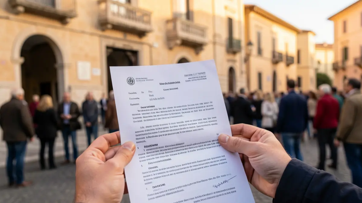 Generic image of a hand holding a contract in front of an official building.