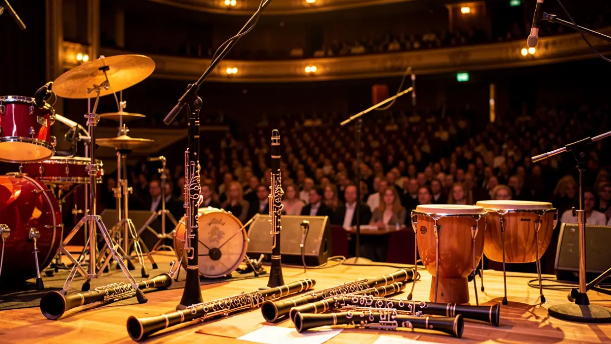 Imatge genèrica d'un escenari de sala de concerts amb instruments musicals.