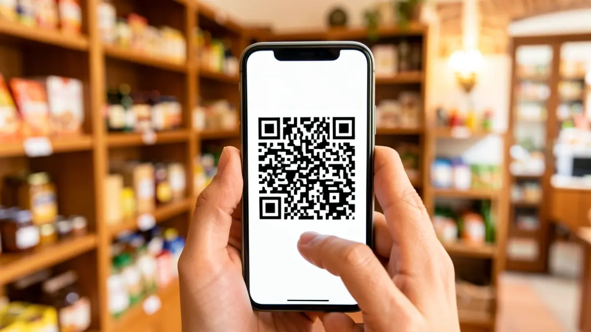 Imagen genérica de un código QR en un teléfono móvil con tienda al fondo.