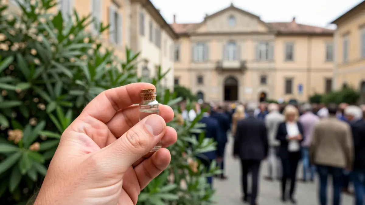 Generic image of a hand holding a vial with liquid, with a Mediterranean town hall in the background.