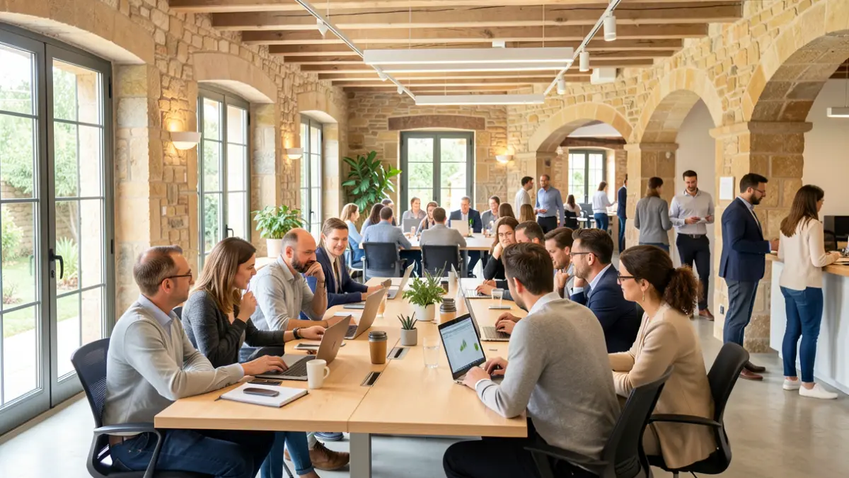 Imagen genérica de un espacio de coworking moderno con profesionales colaborando, arquitectura mediterránea y luz natural.