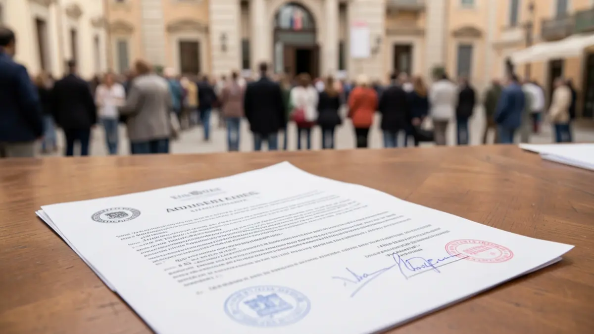 Imatge genèrica d'un document oficial amb segells i un fons desenfocat d'un ajuntament mediterrani.