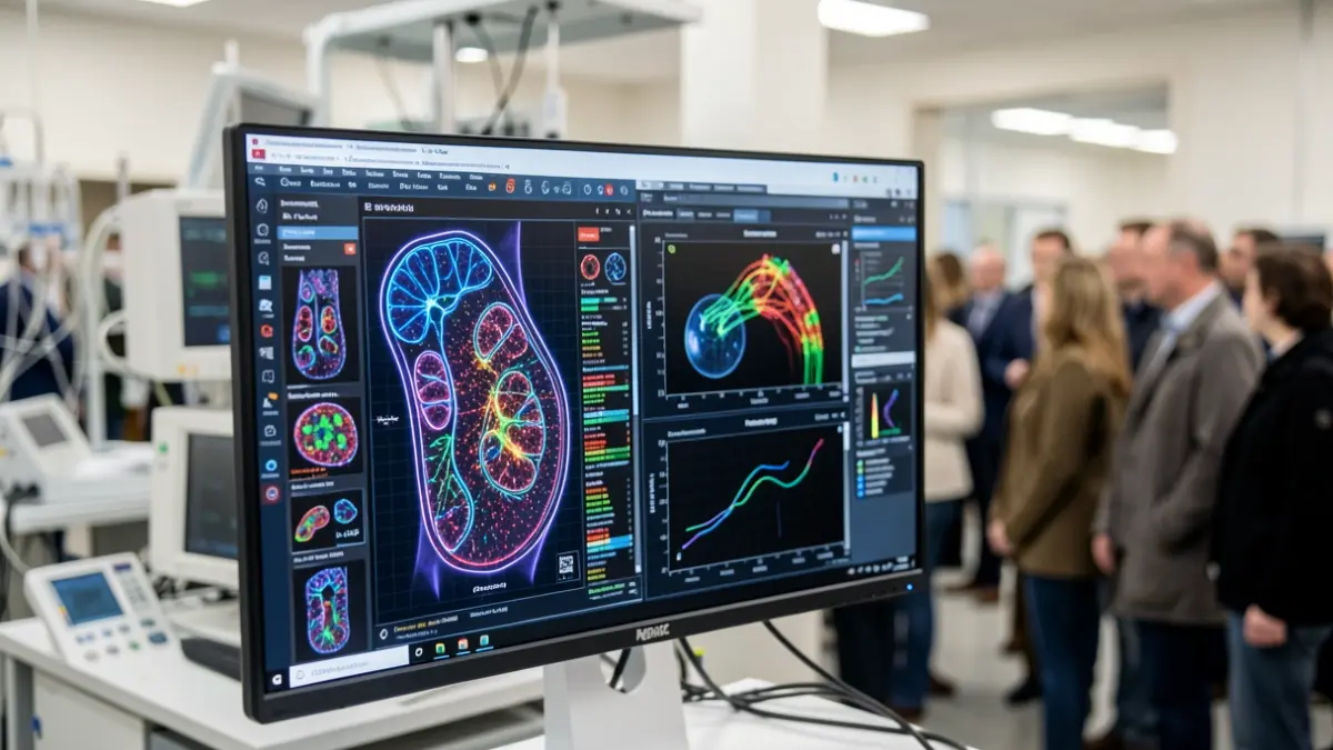 Imatge genèrica d'una interfície d'intel·ligència artificial mèdica amb patrons abstractes i visualitzacions de dades.