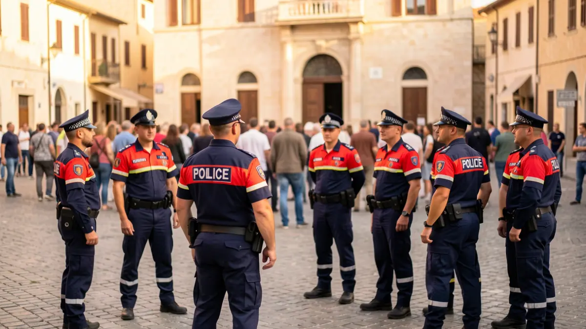 Personal de Protección Civil y Policía Local de Serra en una plaza frente al Ayuntamiento.