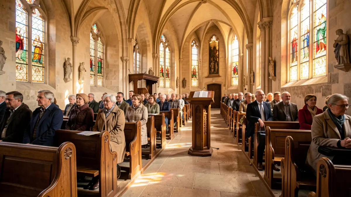 Generic image of the interior of a Mediterranean church with wooden pews and a lectern, warm afternoon light filtering through stained glass windows.