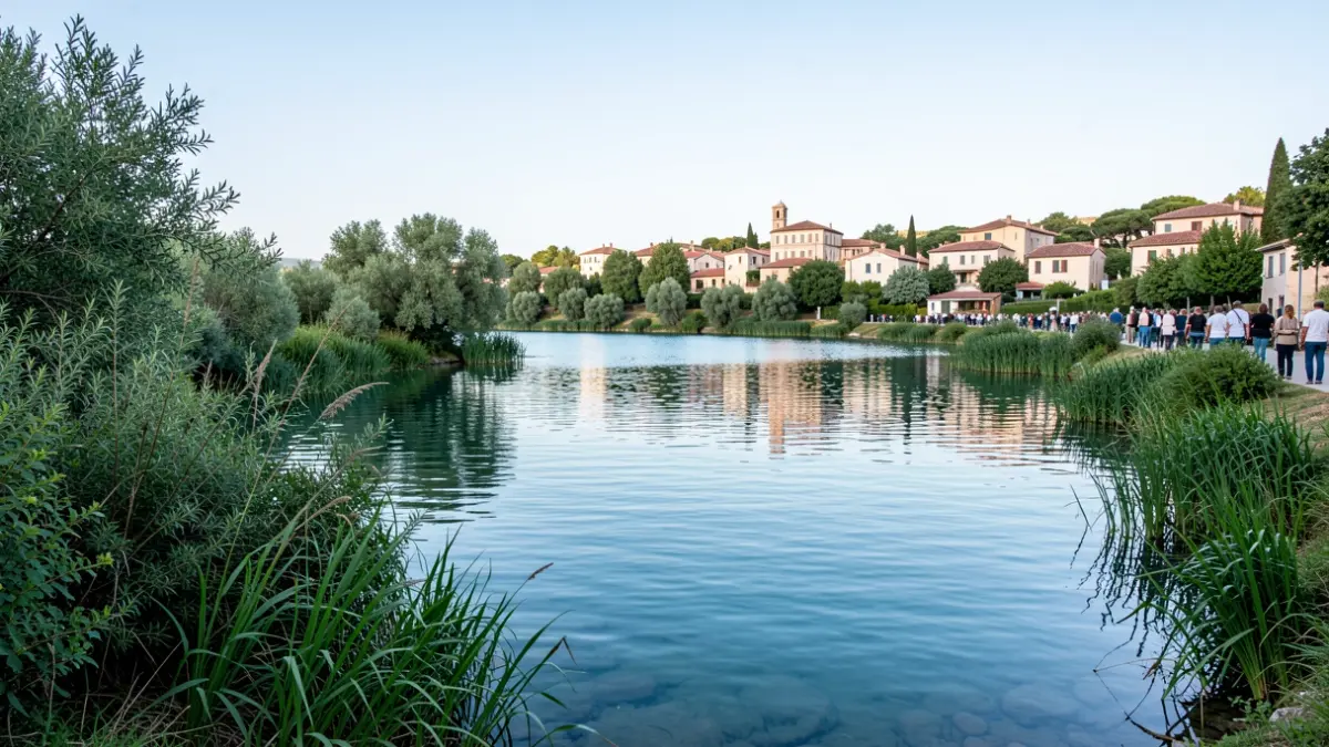 Generic image of a lake ecosystem with vegetation and a Mediterranean town in the background.