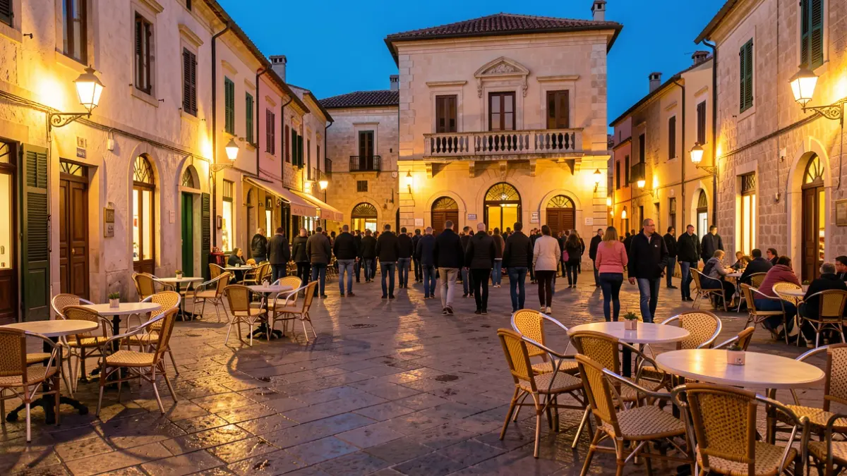 Generic image of a Mediterranean town square illuminated at dusk, with the Town Hall in the background.